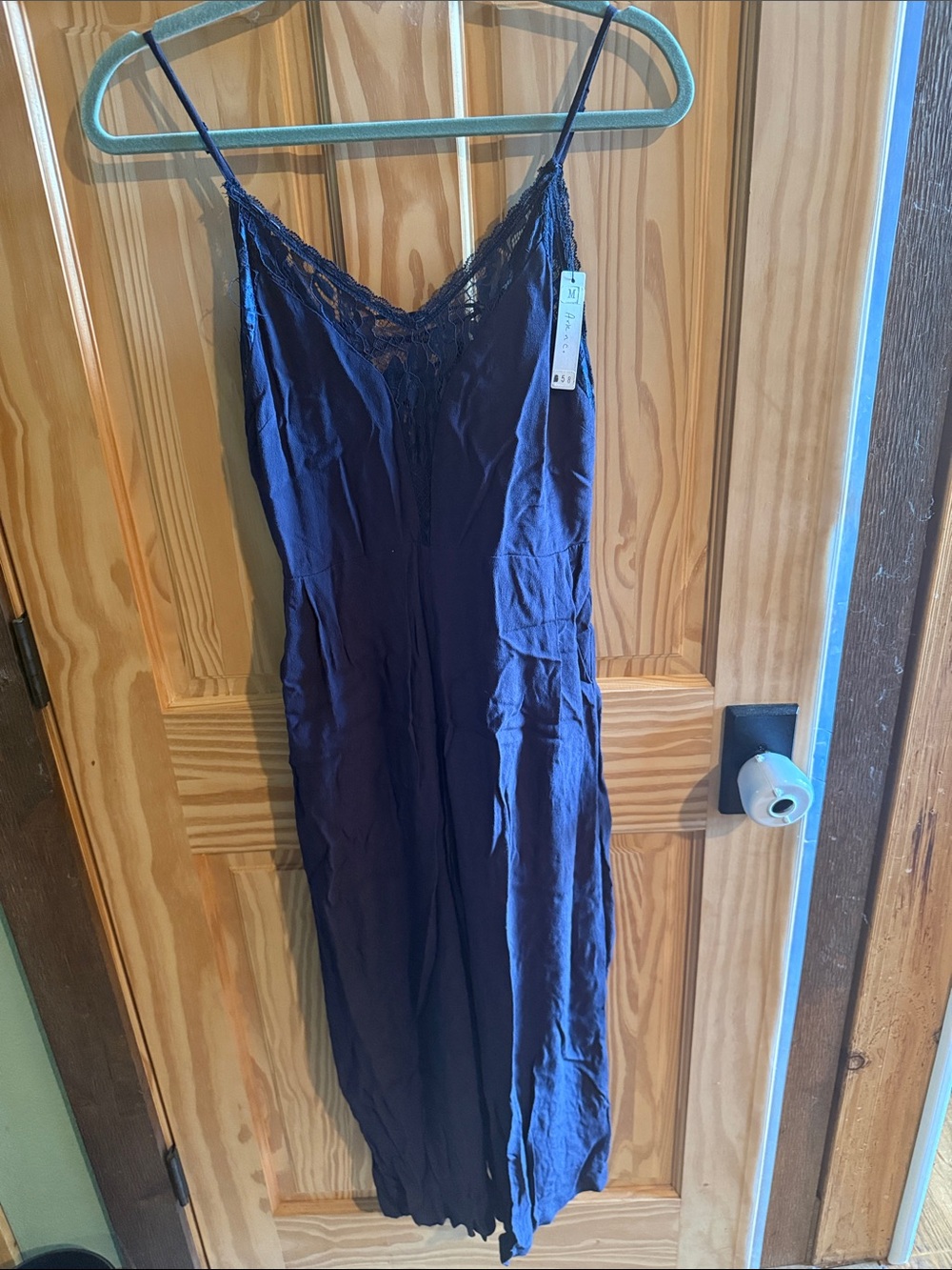 Lace-Trim Dark Navy Jumpsuit with Spaghetti Straps and Tie Back